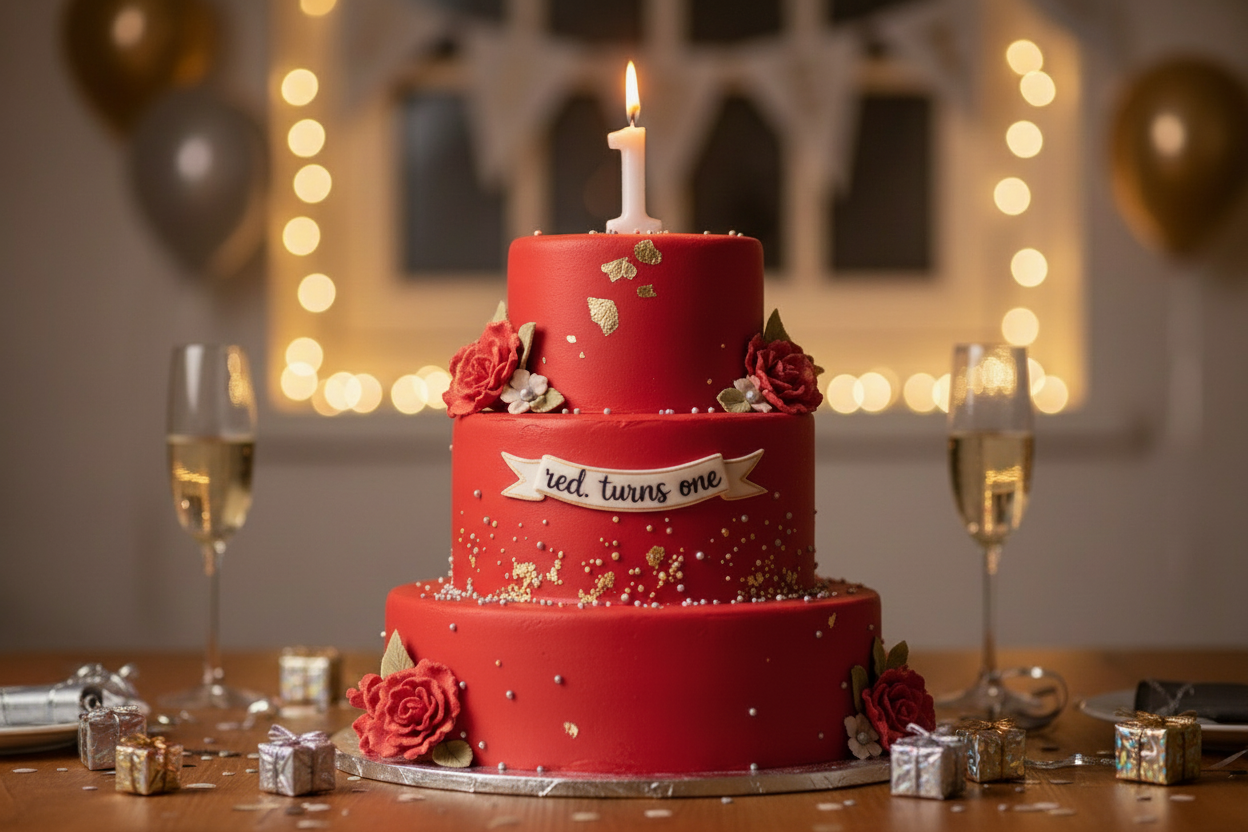 amazing, now make the cake red and have the text on the cake say "red. turns one" instead of "our first year